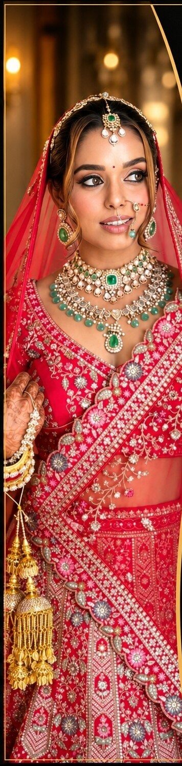 Bride in a red lehenga with emerald jewellery and makeup by Neeraj Sidhu