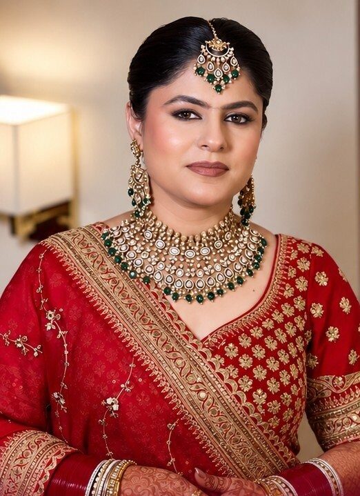 Bride in a red sari with an emerald and kundan necklace