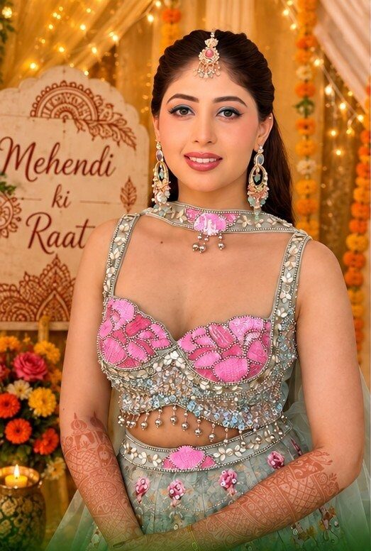 Mehendi look in a pink and mint lehenga