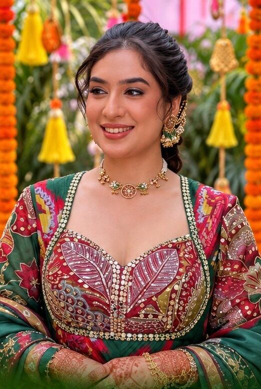 Mehendi look in a green and red embroidered outfit