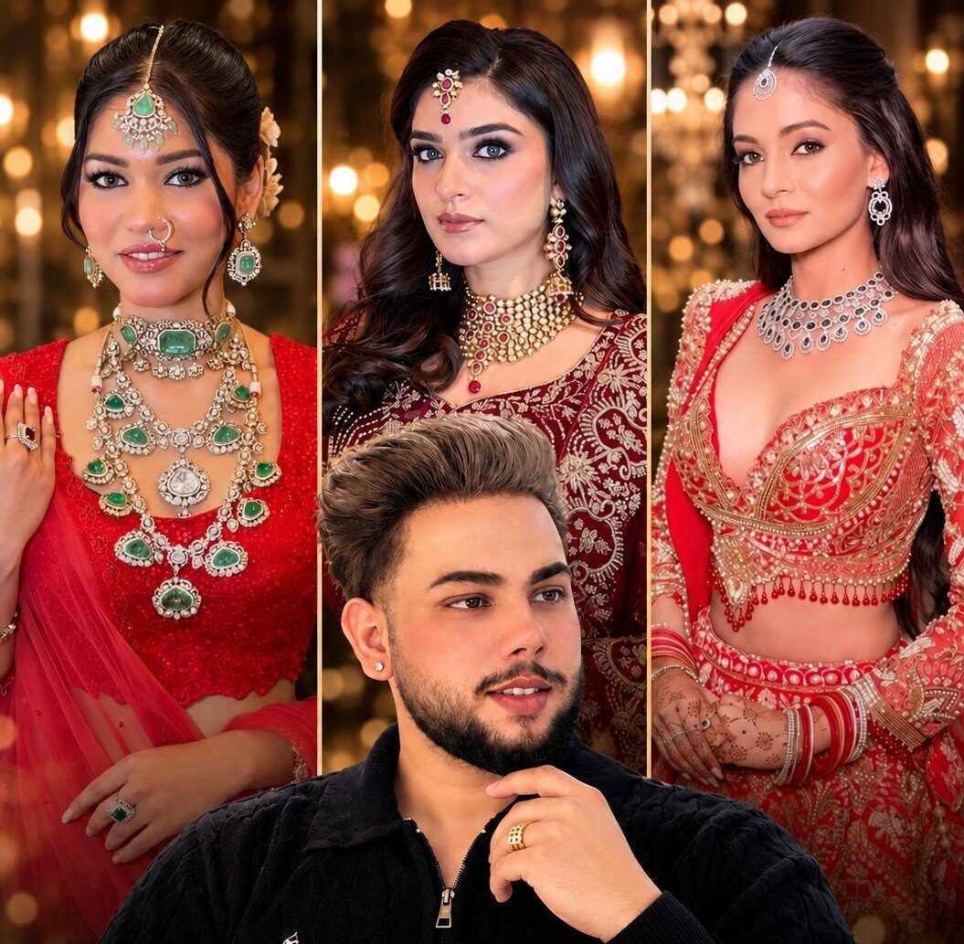 Neeraj Sidhu with three of his bridal makeup looks