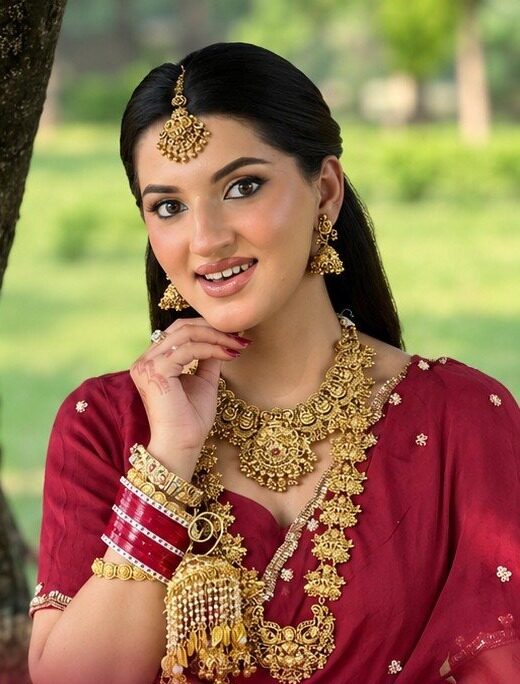 Reception look photographed outdoors with red bridal chooda