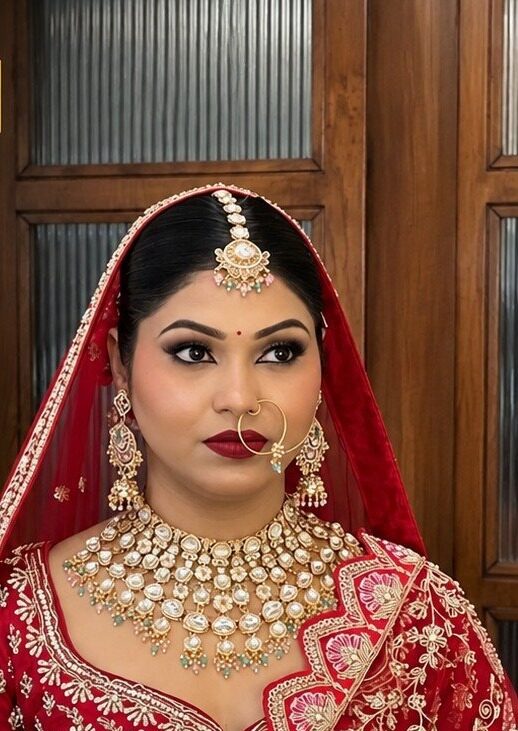Bride in a red dupatta with a kundan necklace and maang tikka